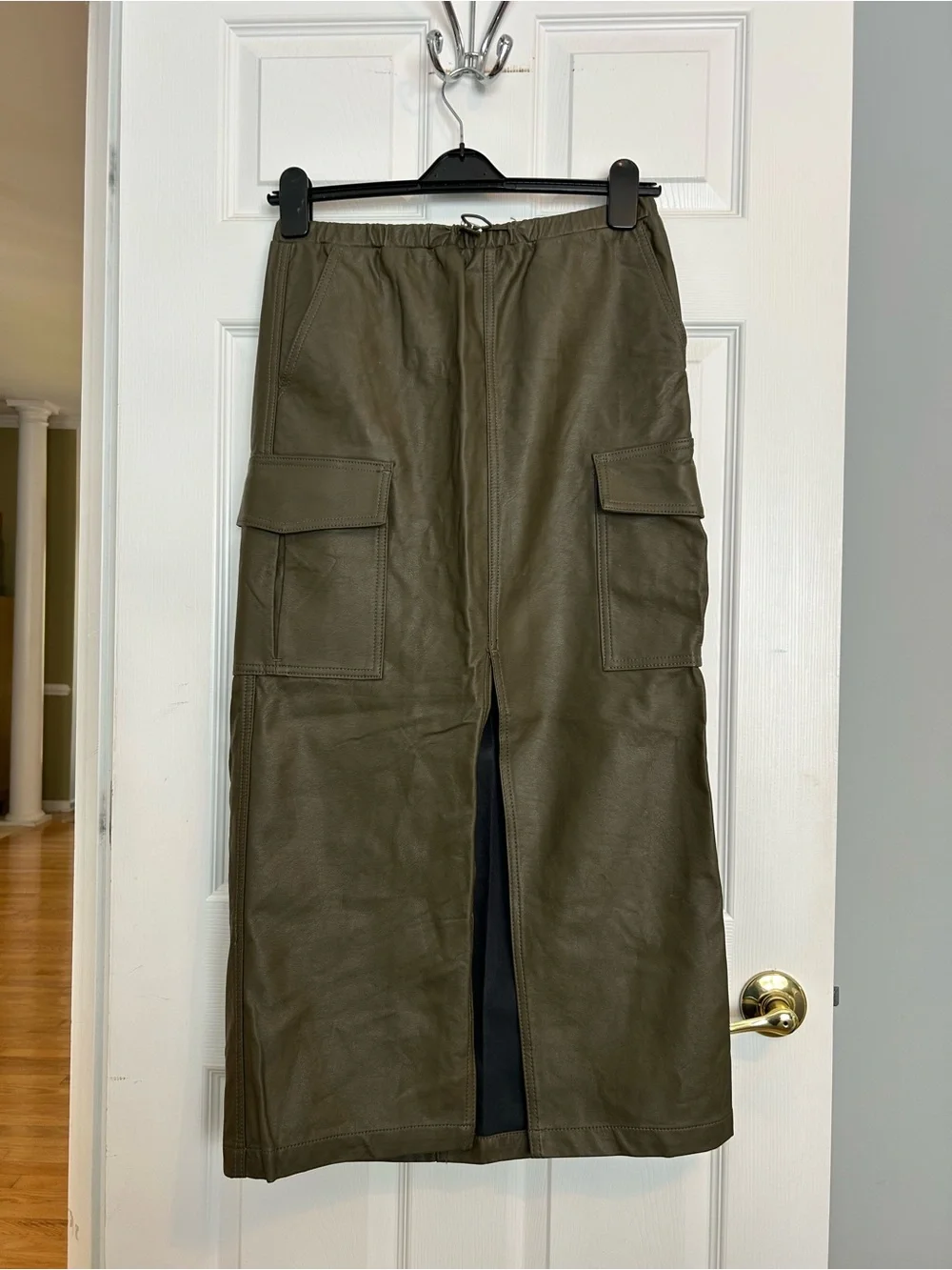 Indigo Riding Faux Leather Olive Maxi Cargo Skirt with Front Slit